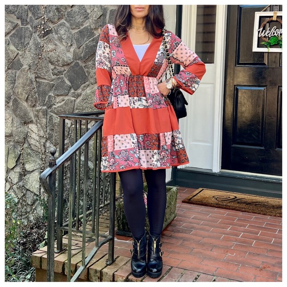 #48 Boho Chic Patchwork Contrast Dress - Picture 4 of 9